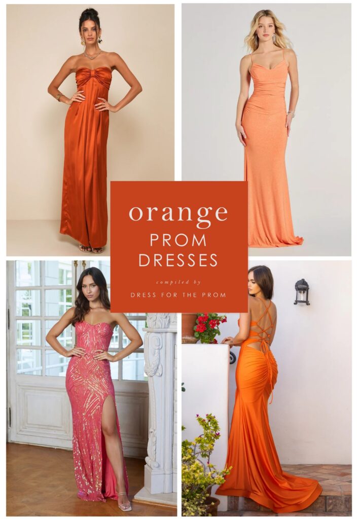 Collage showing 4 examples of orange dresses on models